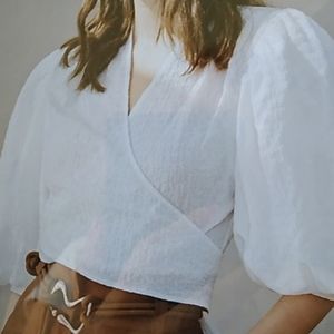 Puff sleeve shirred wrap tie back top XS